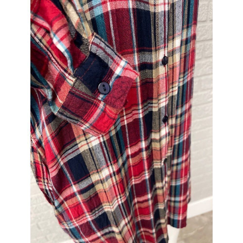 Indigo Thread Co. Women Red Plaid Button Down Long Shirt  Tunic Size M - Picture 5 of 10